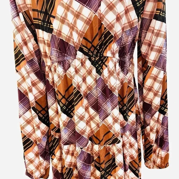NWT SO GOODS FOR LIFE Junior Long Sleeve Pullover Plaid Brown V-Neck Dress Large - Picture 9 of 12